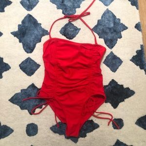 J Crew Ruched Red Swimsuit with optional halter strap